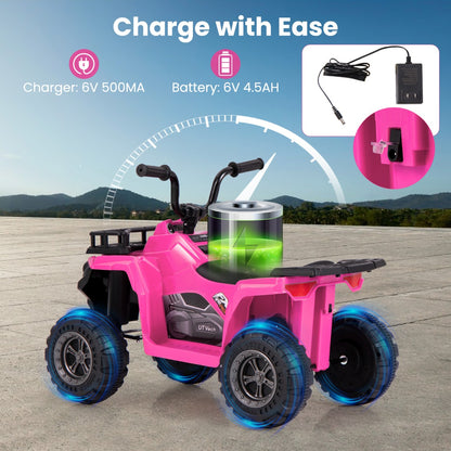 6V 4-Wheeler Quad Car with One-Button Start and Tread Tires-Pink