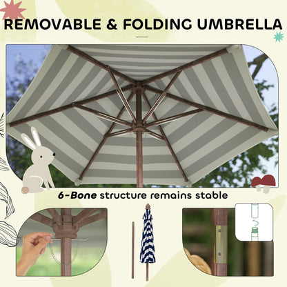 AIYAPLAY Outdoor Wooden Kids Picnic Table & Bench Set with Cushions and Umbrella, for Patio, Garden, Navy Blue