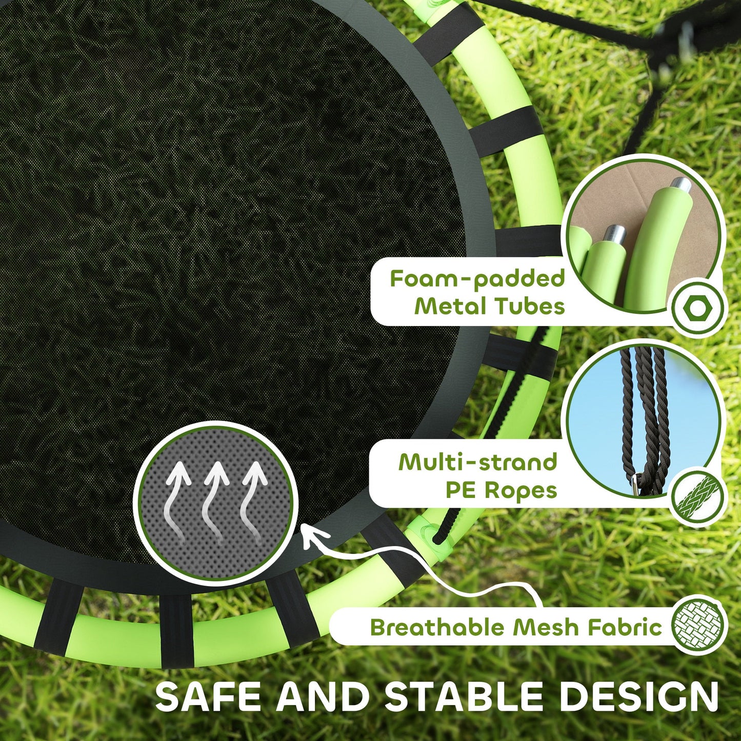 AIYAPLAY 100cm Diameter Kid Nest Swing Seat with Height Adjustable Ropes for Outdoor, Indoor, Black/Green