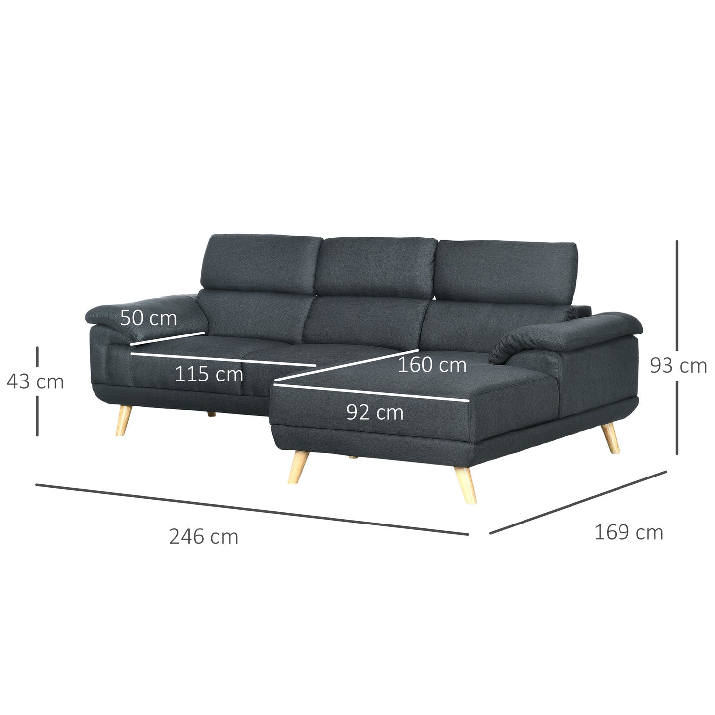 HOMCOM 3 Seater Corner Sofas for Living Room with Adjustable Headrest, Fabric L Shaped Sofa Settee, Couch, Dark Grey