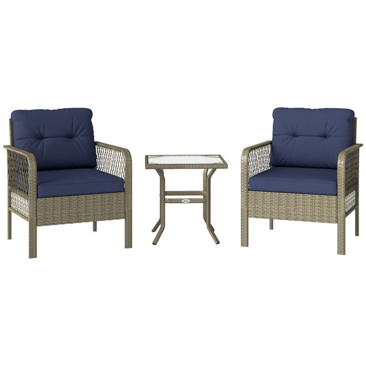Outsunny 3 Pieces Rattan Bistro Set with Glass Top Coffee Table, Chairs and Cushions for Outdoor, Patio, Balcony, Charcoal Grey