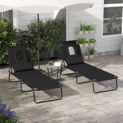 Outsunny Outdoor Folding Sun Lounger Set of 2 with Face Hole, 4 Level Adjustable Backrest Reclining Garden Lounger, Garden Recliner Sunbed with 600 D Oxford Cloth Seat and Pillow for Beach, Black