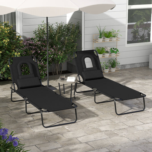 Outsunny Outdoor Folding Sun Lounger Set of 2 with Face Hole, 4 Level Adjustable Backrest Reclining Garden Lounger, Garden Recliner Sunbed with 600 D Oxford Cloth Seat and Pillow for Beach, Black