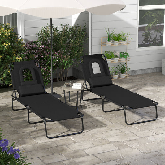 Outsunny Outdoor Folding Sun Lounger Set of 2 with Face Hole, 4 Level Adjustable Backrest Reclining Garden Lounger, Garden Recliner Sunbed with 600 D Oxford Cloth Seat and Pillow for Beach, Black