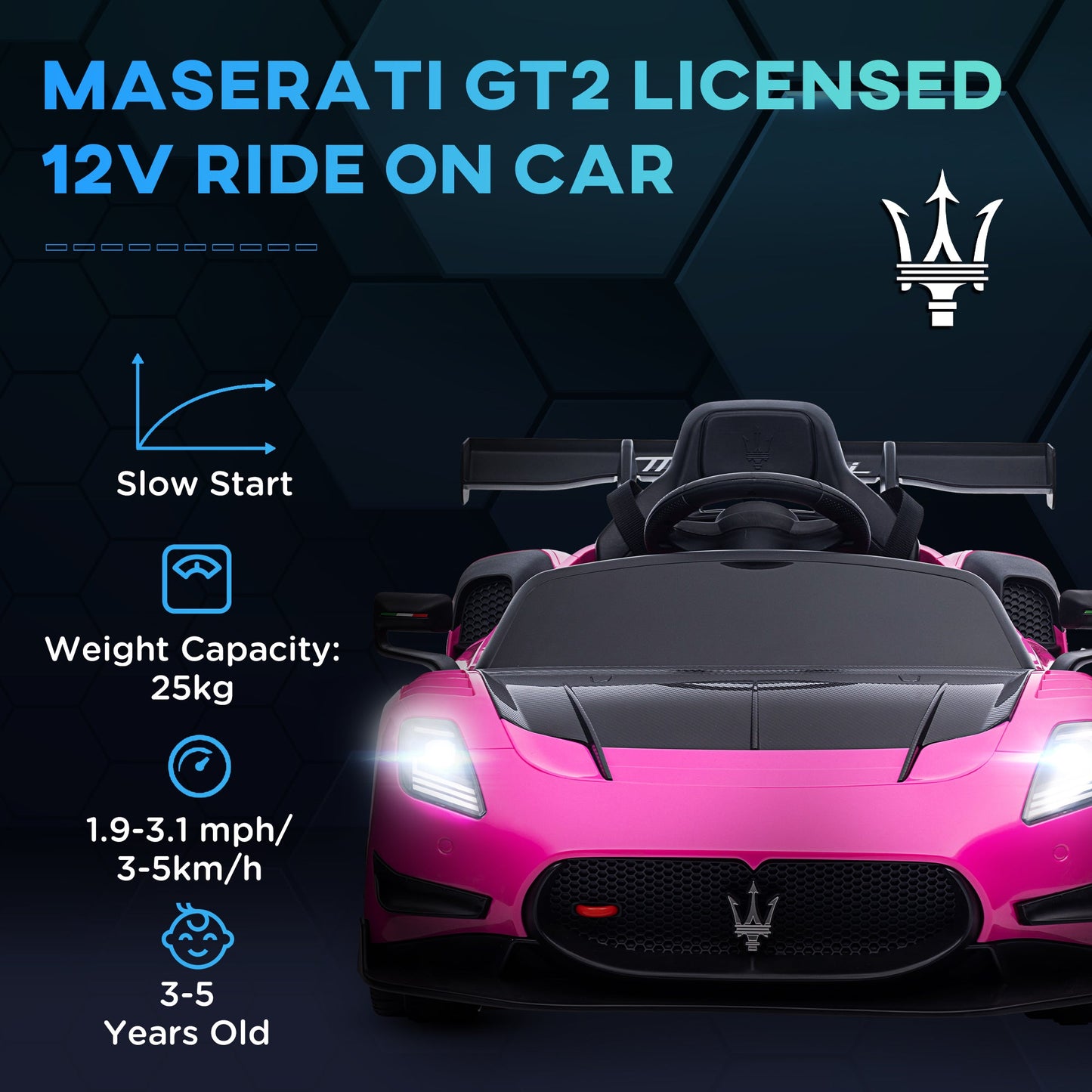 سيارة كهربائية للأطفال مرخصة من AIYAPLAY Maserati GT2 بقوة 12 فولت مع 4 أنظمة تعليق وجهاز تحكم عن بعد وأضواء بوق موسيقية - وردي