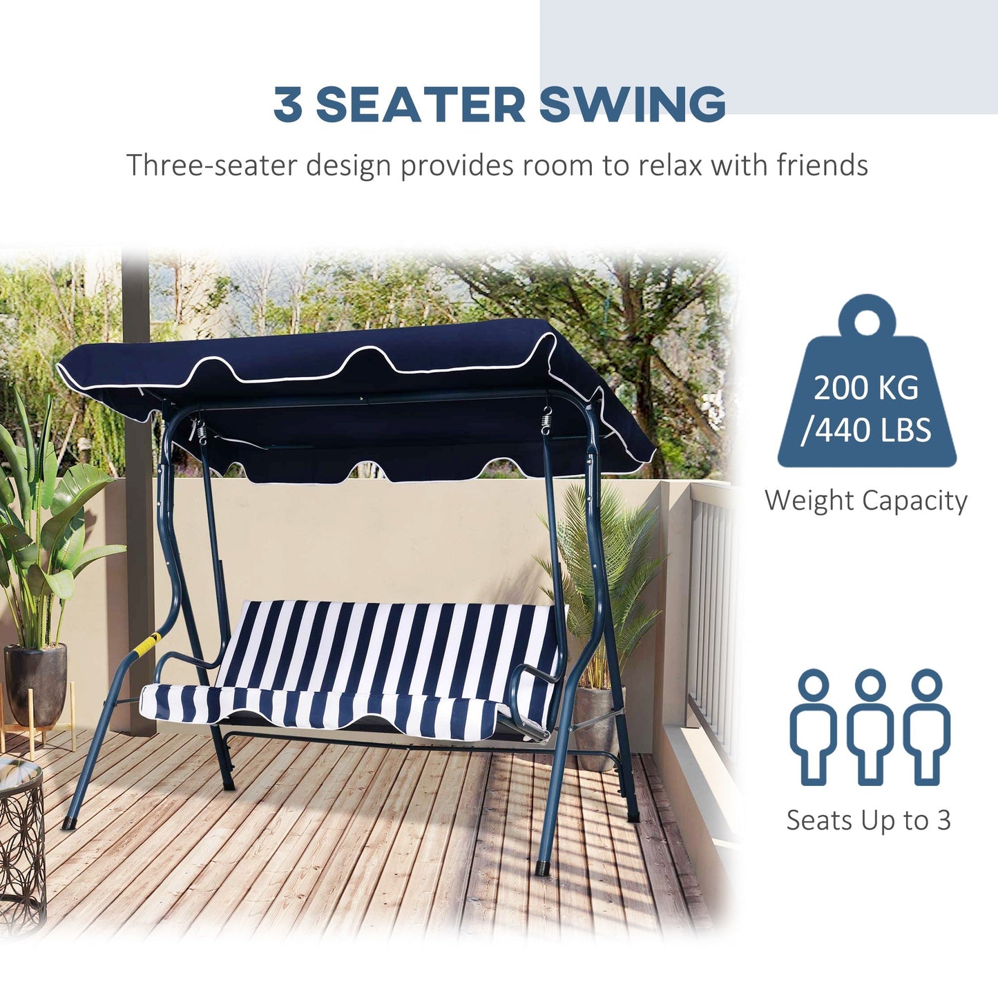 Outsunny 3 Seater Garden Swing Chair， Outdoor Garden Bench with Adjustable Sun Cover and Metal Frame - Blue Stripes