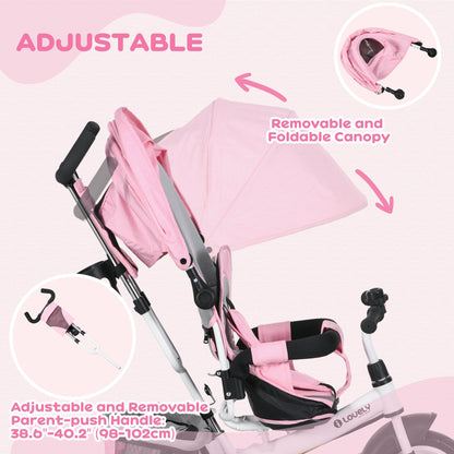 4 in 1 Kids Trike Push Bike w/ Push Handle, Canopy, 5-point Safety Belt, Storage, Footrest, Brake, for 1-5 Years, Pink