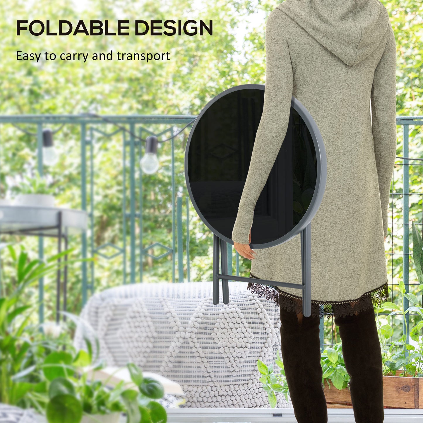 Outsunny â45cm Garden Side Table, Outdoor Round Folding Patio Table with Imitation Marble Glass Top, Small Coffee Table, Black