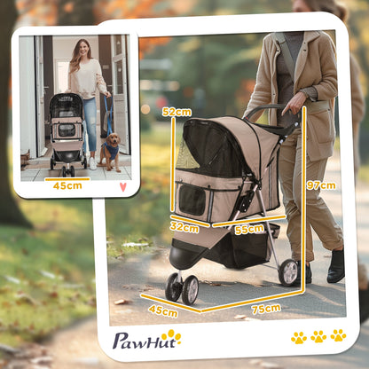 PawHut Dog Stroller, 3 Wheels Foldable Cat Dog Pram with Cup Holder, Storage Basket, Pet Stroller for Small Miniature Dogs, Brown