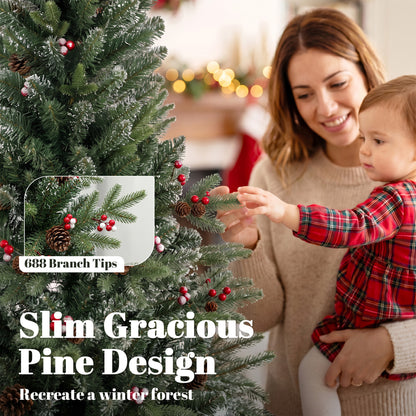 HOMCOM Slim Gracious Pine Xmas Tree, 6ft/180cm Artificial Christmas Tree with 688 Branch Tips, Foldable Steel Stand, Green