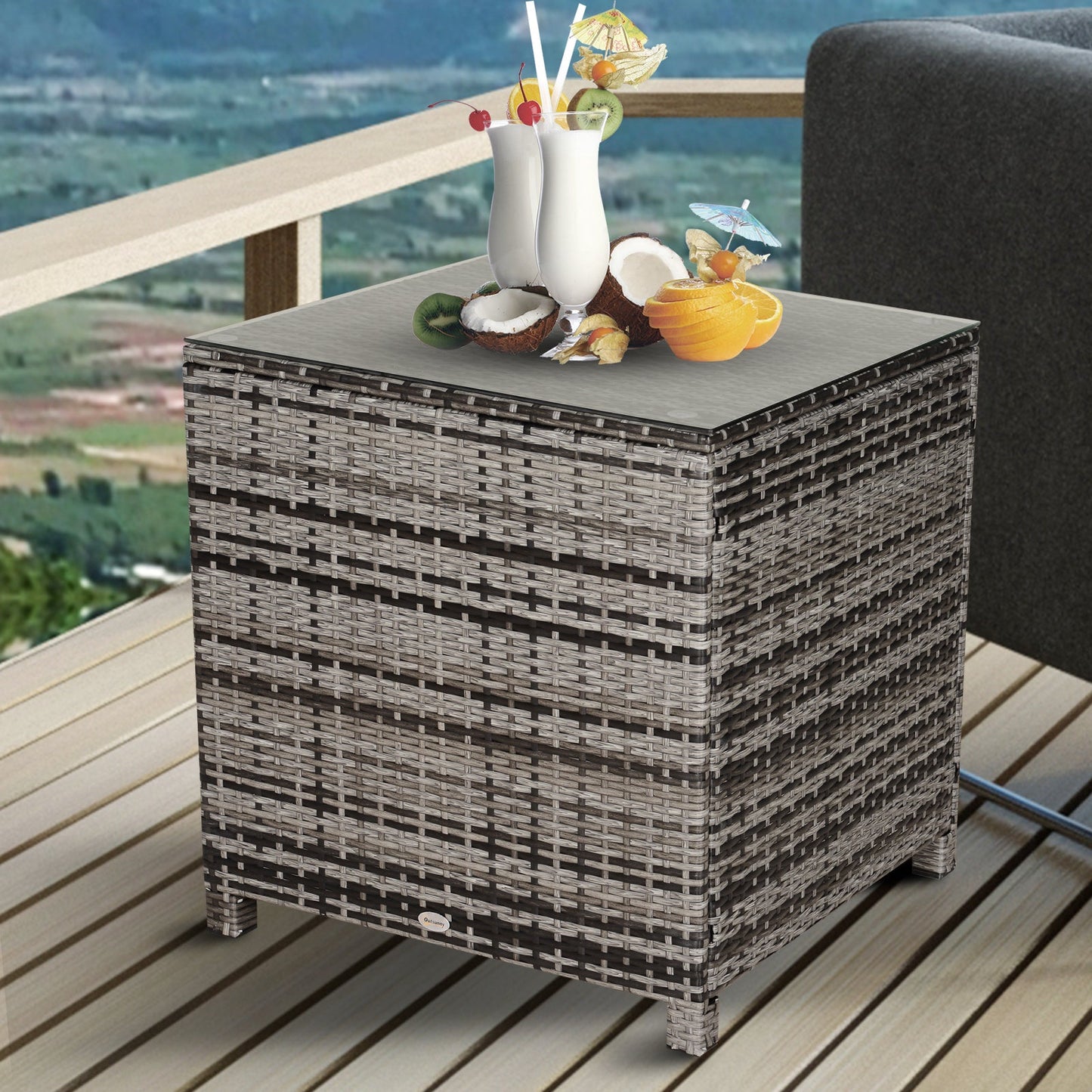 Outsunny Square PE Rattan Garden Table, with Glass Table Top - Grey