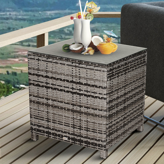 Outsunny Square PE Rattan Garden Table, with Glass Table Top - Grey