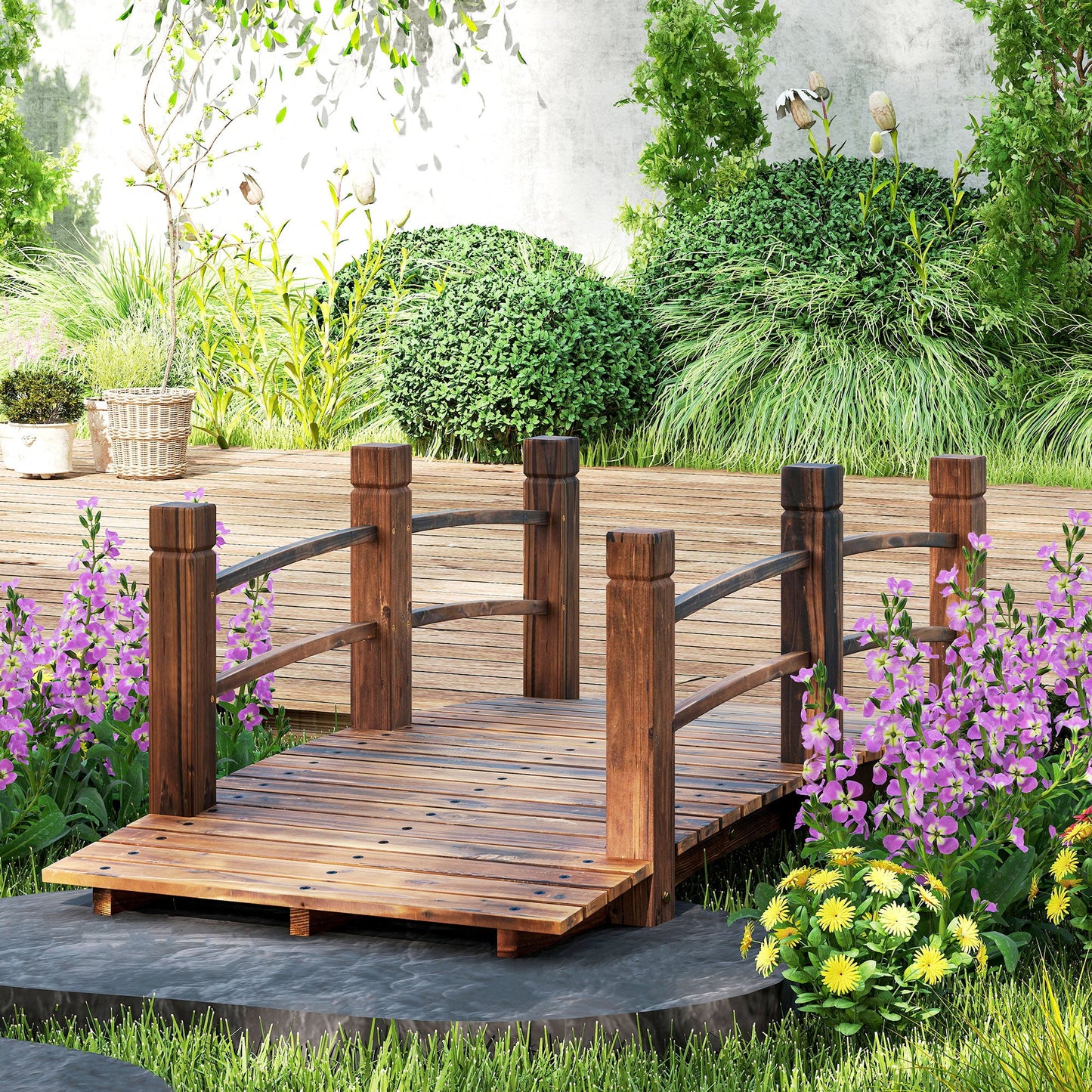 Outsunny 1.5M Wooden Garden Bridge Lawn Decor Stained Finish Arc Outdoor Pond Walkway w/ Railings Water Yard Decoration