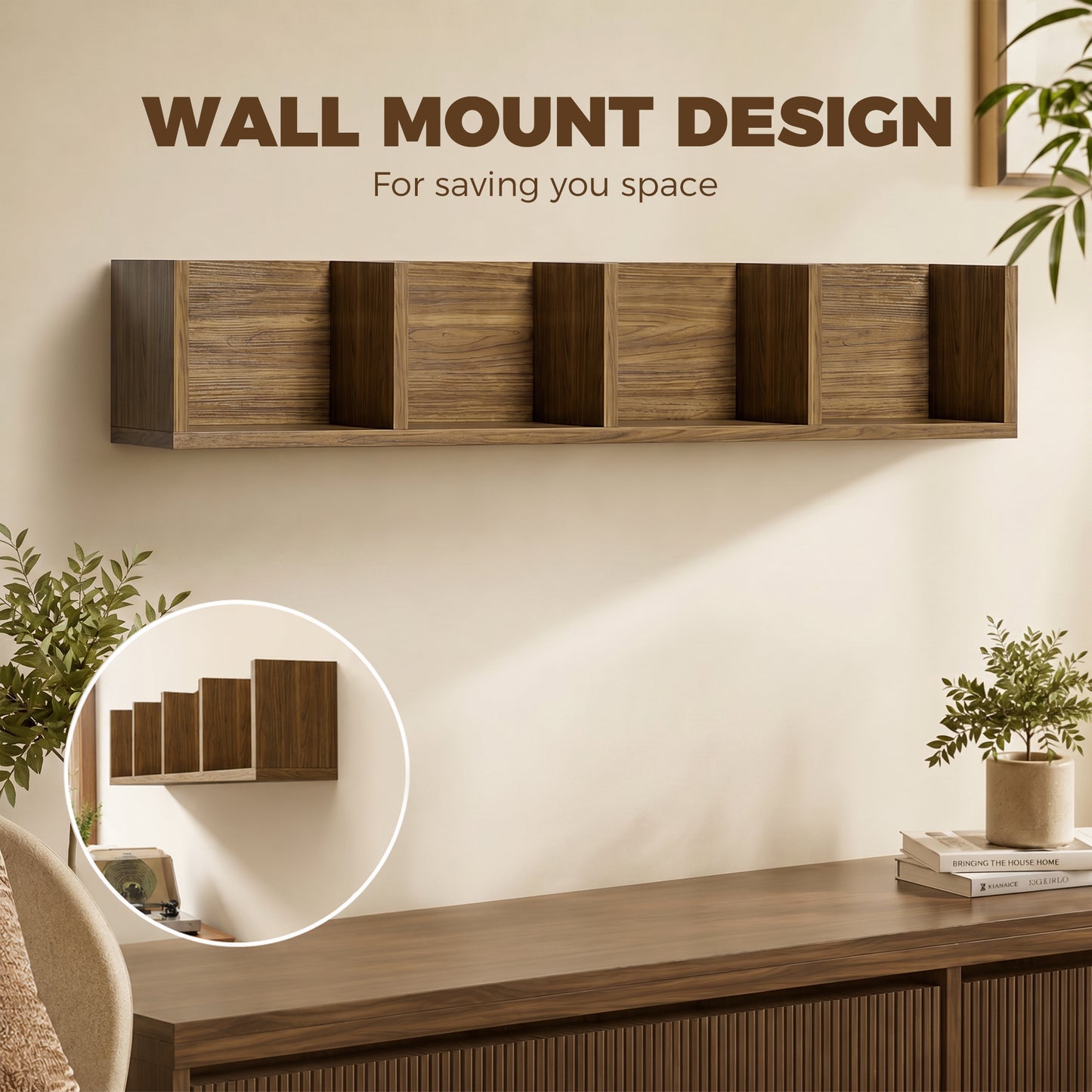 HOMCOM Wall Mount 84 CD / 56 DVD/Blu-ray/ Media Storage Rack 4 Cubes Wooden Shelf Organizer Unit Bookcase Display, Walnut