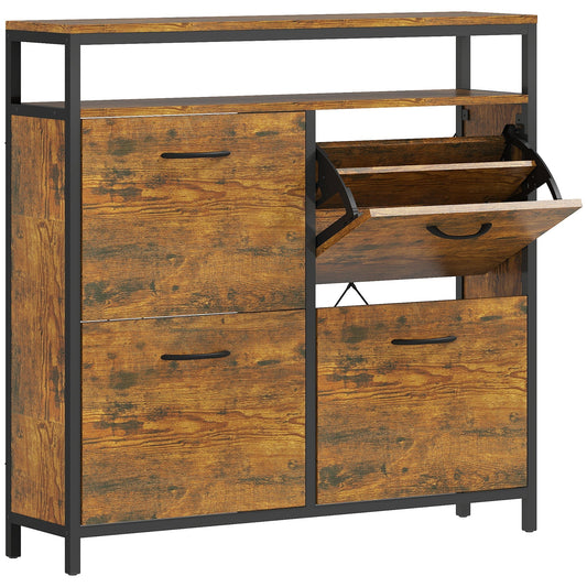 HOMCOM Shoe Storage Cabinet with 4 Flip Drawers and Open Shelf - Rustic Brown