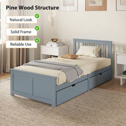 HOMCOM Pine Storage Bed, 3ft Single Solid Wooden Bed Frame with Drawers, Headboard, Wood Slat Support, Grey