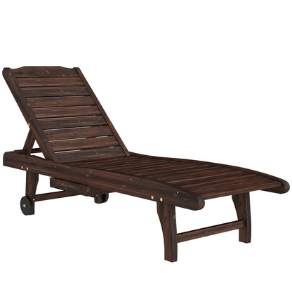 Outsunny Outdoor Wooden Sun Lounger with Built-In Table, Carbonised Finish
