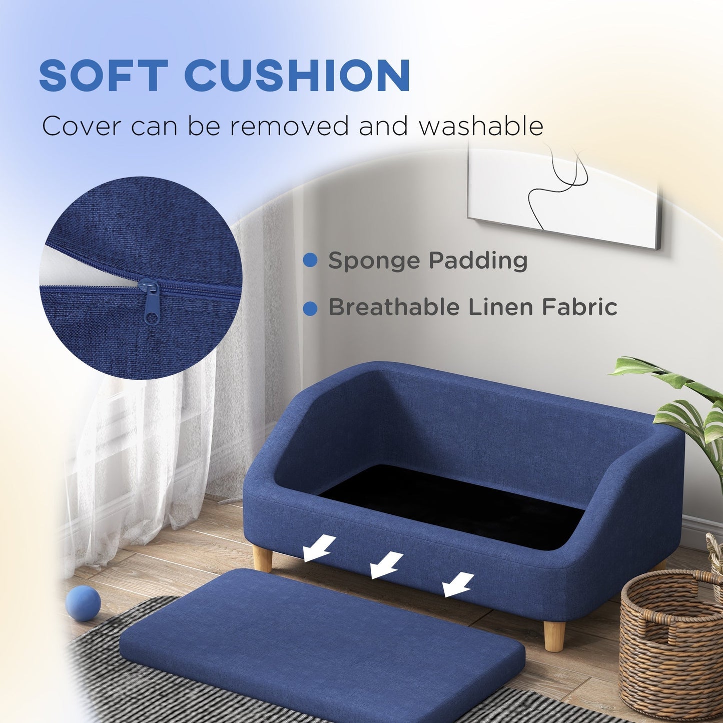 PawHut Dog Sofa, pet Bed, with Soft Cushion, Washable Cover, for Small, Medium & Large Dogs - Blue