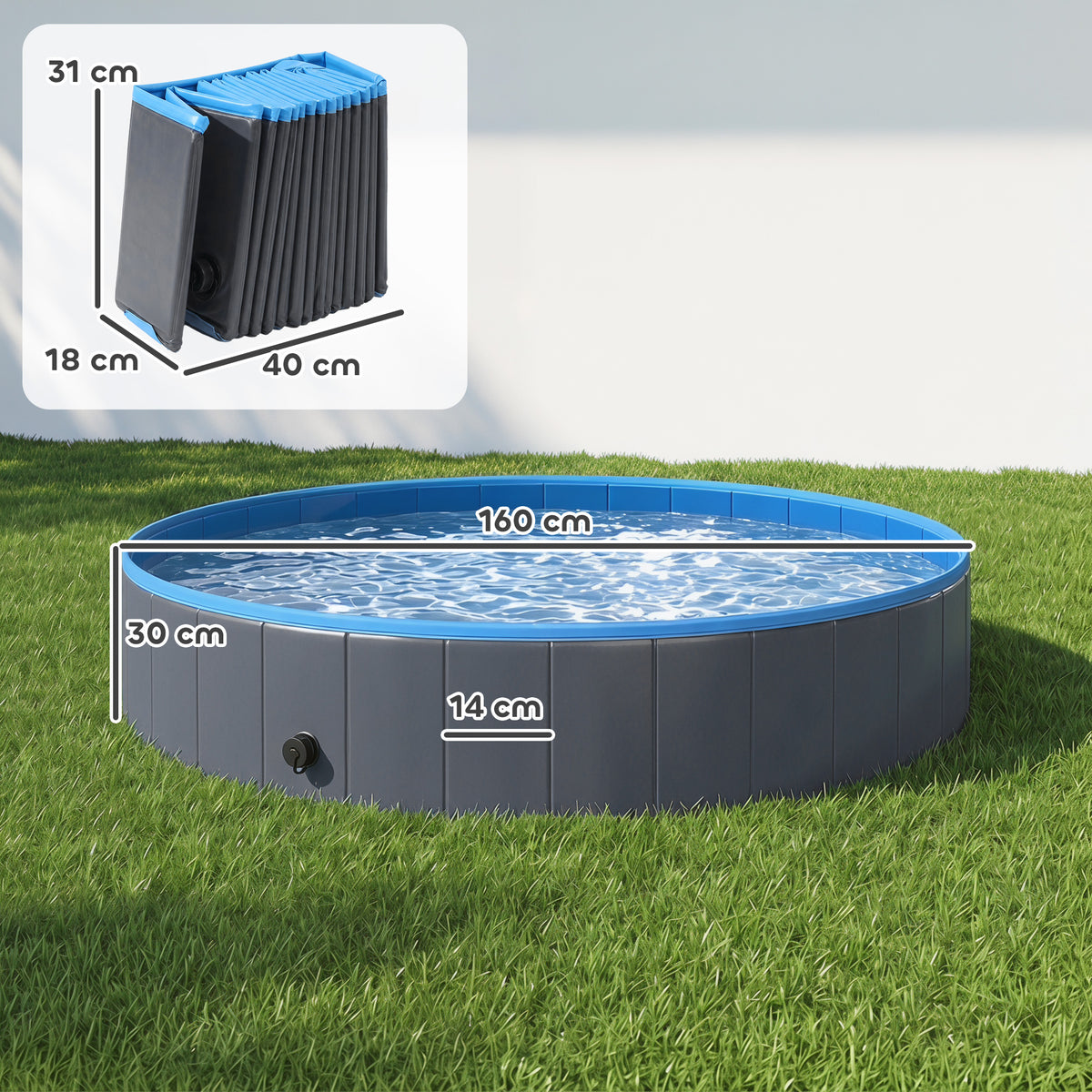 PawHut Foldable Dog Pool for Puppies and Ducks Dog Paddling Pool Bath Tub, Dark Grey, 160 x 30cm