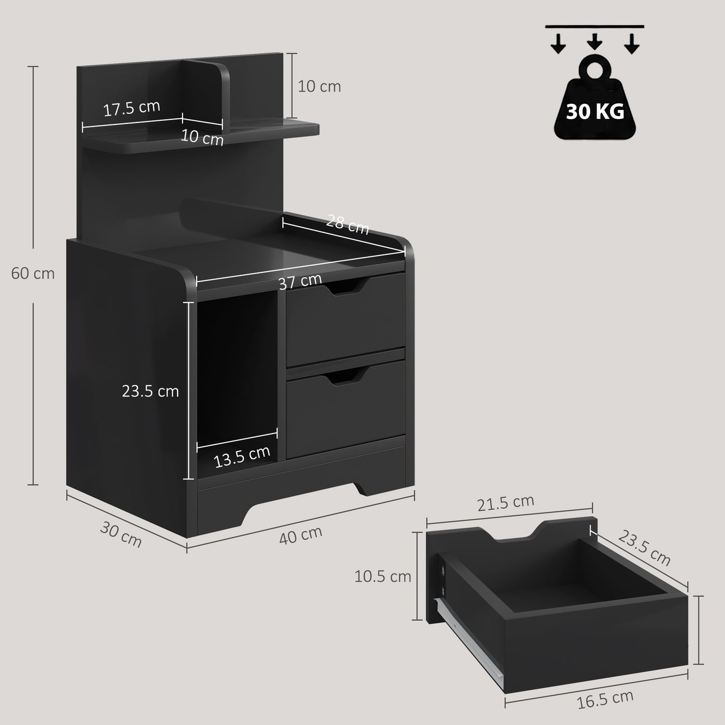 HOMCOM Bedside Table, Small Bedside Cabinet with 2 Drawers and Storage Shelves for Bedroom, Black Wood Effect