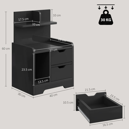 HOMCOM Bedside Table, Small Bedside Cabinet with 2 Drawers and Storage Shelves for Bedroom, Black Wood Effect