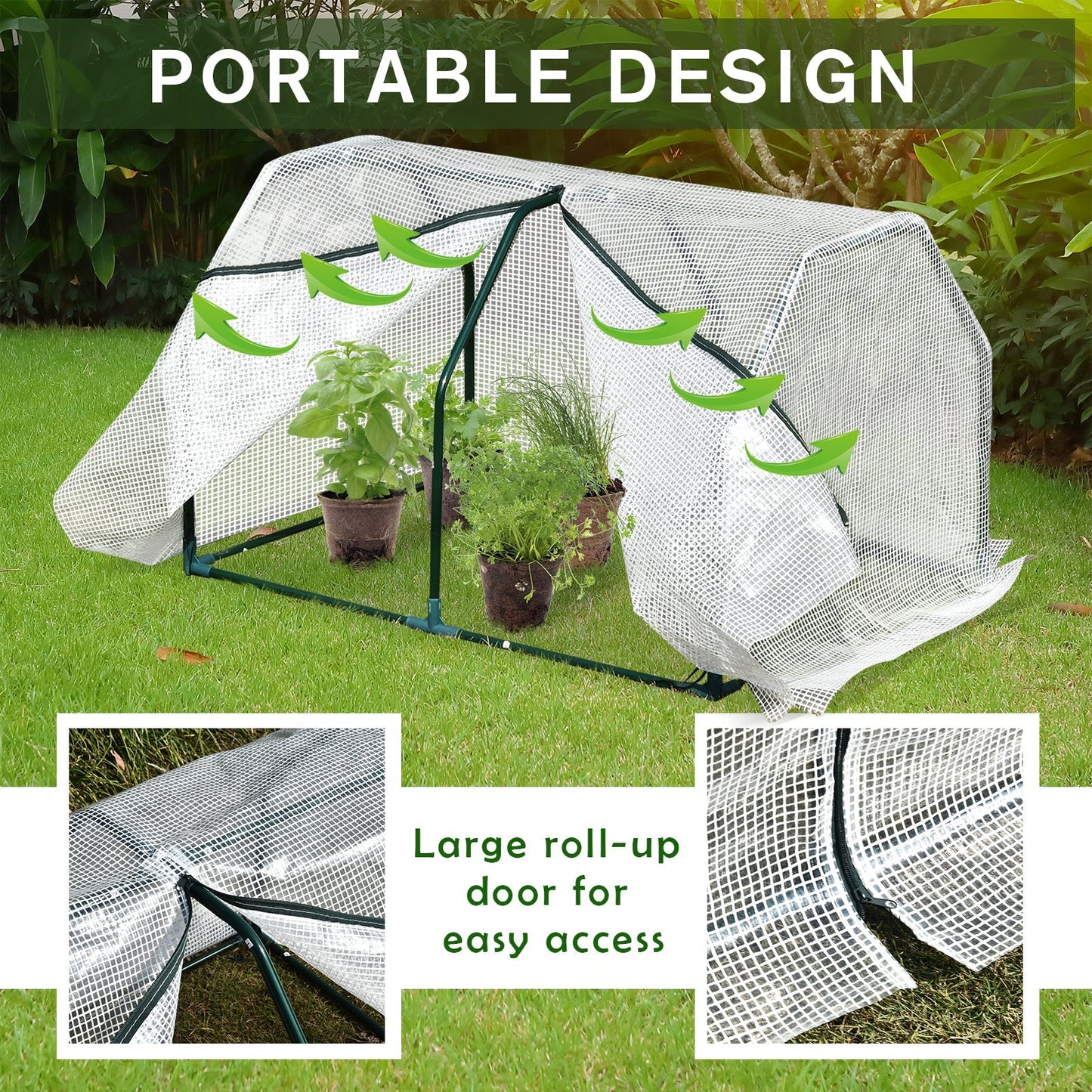 Outsunny Mini Greenhouse Portable Garden Greenhouse Metal Frame Grow House with PVC Cover, Middle Zip Fastening, 99 x 71 x 60 cm, White