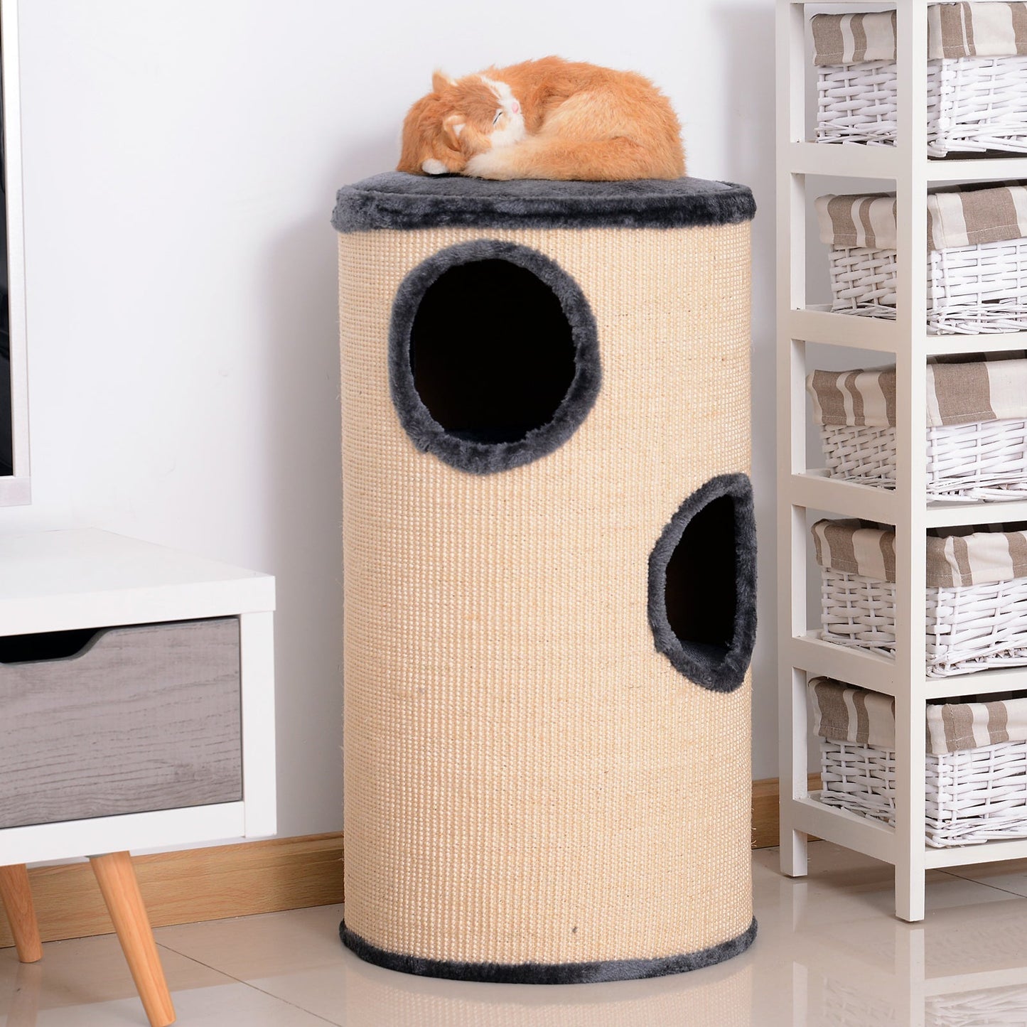 PawHut Cat Tree, Plush, Ф38x70H cm-Beige/Grey