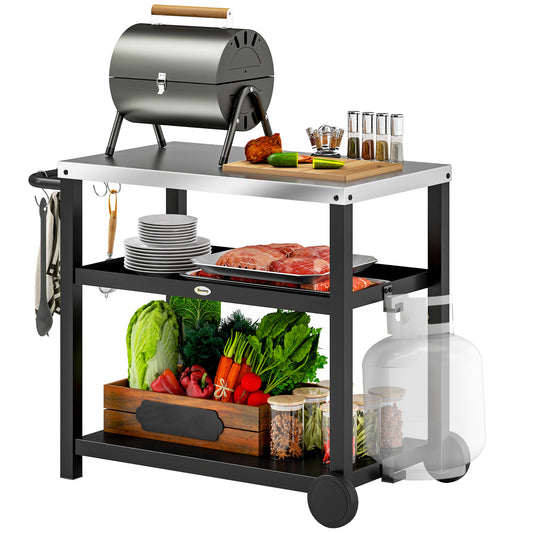 Outsunny Outdoor Grill Dining Cart 3-półkowy ruchomy stół do pieczenia pizzy ze stalowym blatem, przenośny wózek do grilla, stacja do przygotowywania żywności na zewnątrz, kuchnia, stacja do grillowania z haczykami, kółka, uchwyt, antracytowy