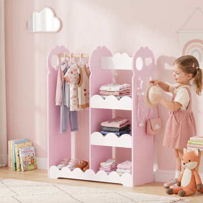 AIYAPLAY Kids Wardrobe, Children Dress Up Storage with Mirror, Clothes Rail, Shelves, Hangers for Girls Boys Bedroom Nursery Pink