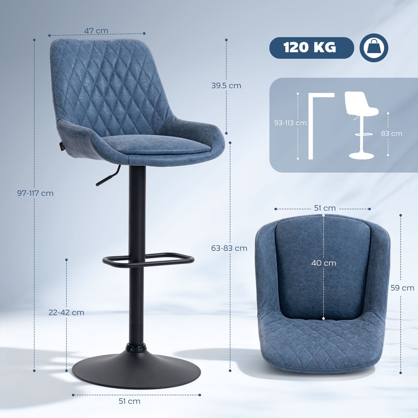 HOMCOM Set of Two Faux Leather Retro Bar Stools - Dark Blue