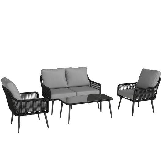 Outsunny Rattan Garden Furniture Set, 4 Piece Outdoor Patio Furniture with Tempered Glass Table and Chairs, Indoor Balcony Conservatory Set