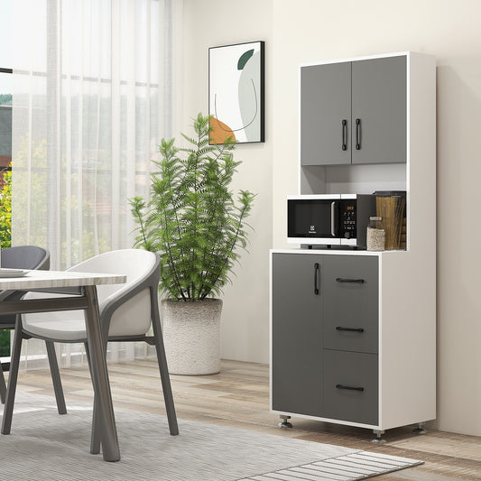 HOMCOM Modern Kitchen Cupboard with Storage Cabinets, 3 Drawers and Open Countertop for Living Room, Grey