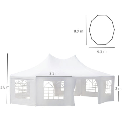 Outsunny 10 Sides Decagonal Garden Gazebo Marquee Party Tent Wedding Canopy Outdoor Heavy Duty Metal Frame (8.9m x 6.5m) - White