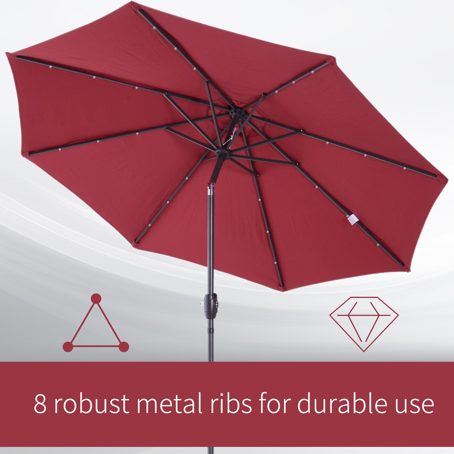Outsunny â2.7m Garden 24 LED Light Parasol Solar Outdoor Tilt Sun Umbrella Patio Club Party Event Manual Sun Shade w/ Hand Crank and 8 Ribs, Red