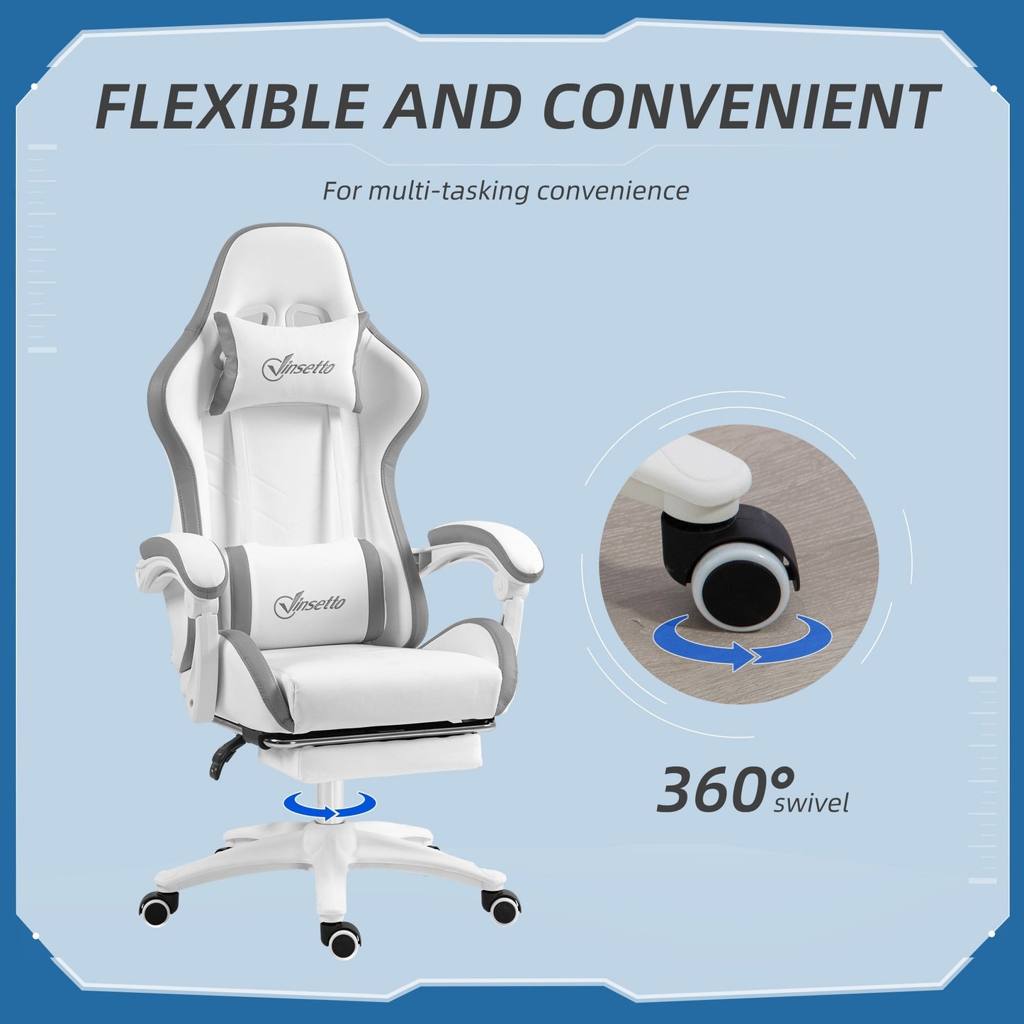 Vinsetto Racing Gaming Reclining PU Leather Computer Chair W/ 360 Degree Swivel Seat, Footrest, Removable Headrest and Lumber Support, White and Grey