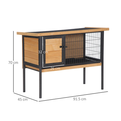 PawHut Wooden Guinea Pigs Hutches Elevated Pet House Bunny Cage with Slide-Out Tray Lockable Door Outdoor Openable Roof 91.5 x 45 x 70cm Natural Wood