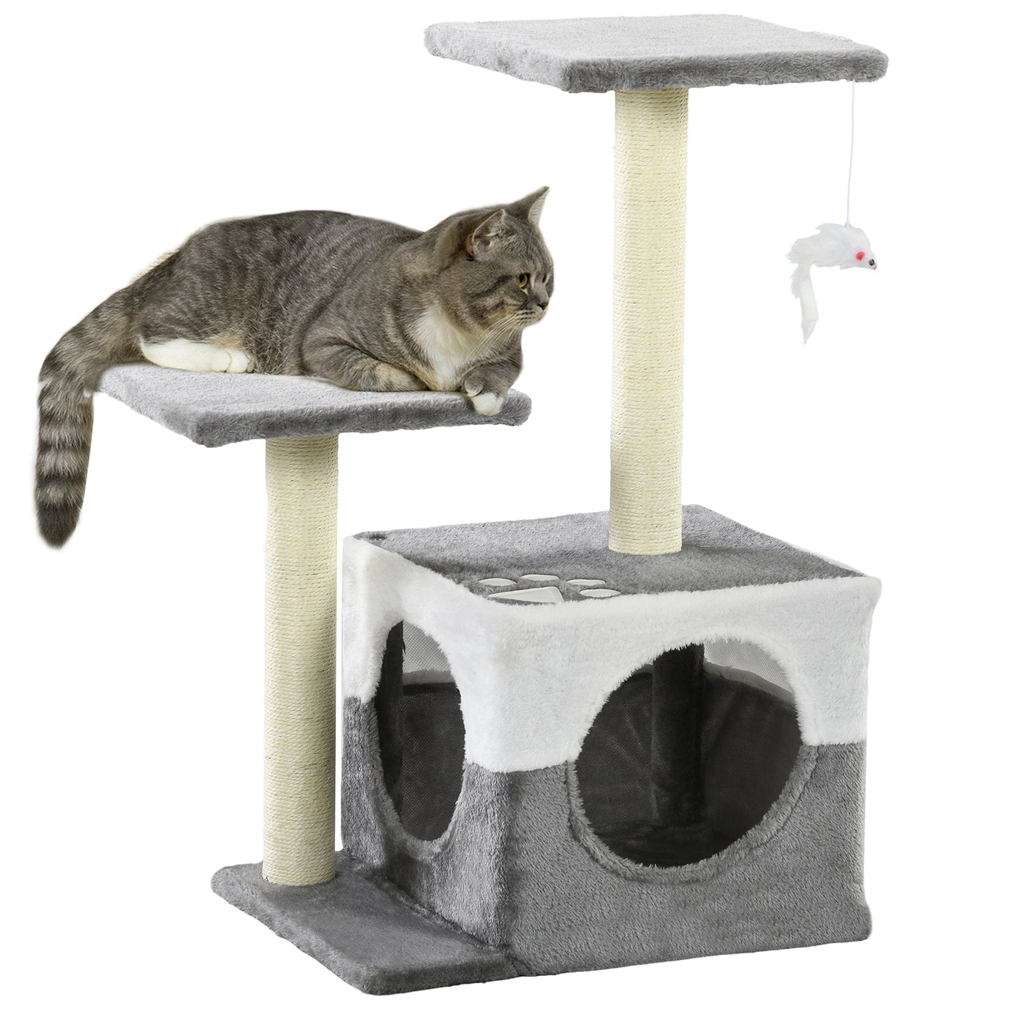 PawHut Cat Tree w/ Sisal Scratching Posts, House, Perches, Toy Mouse, Grey