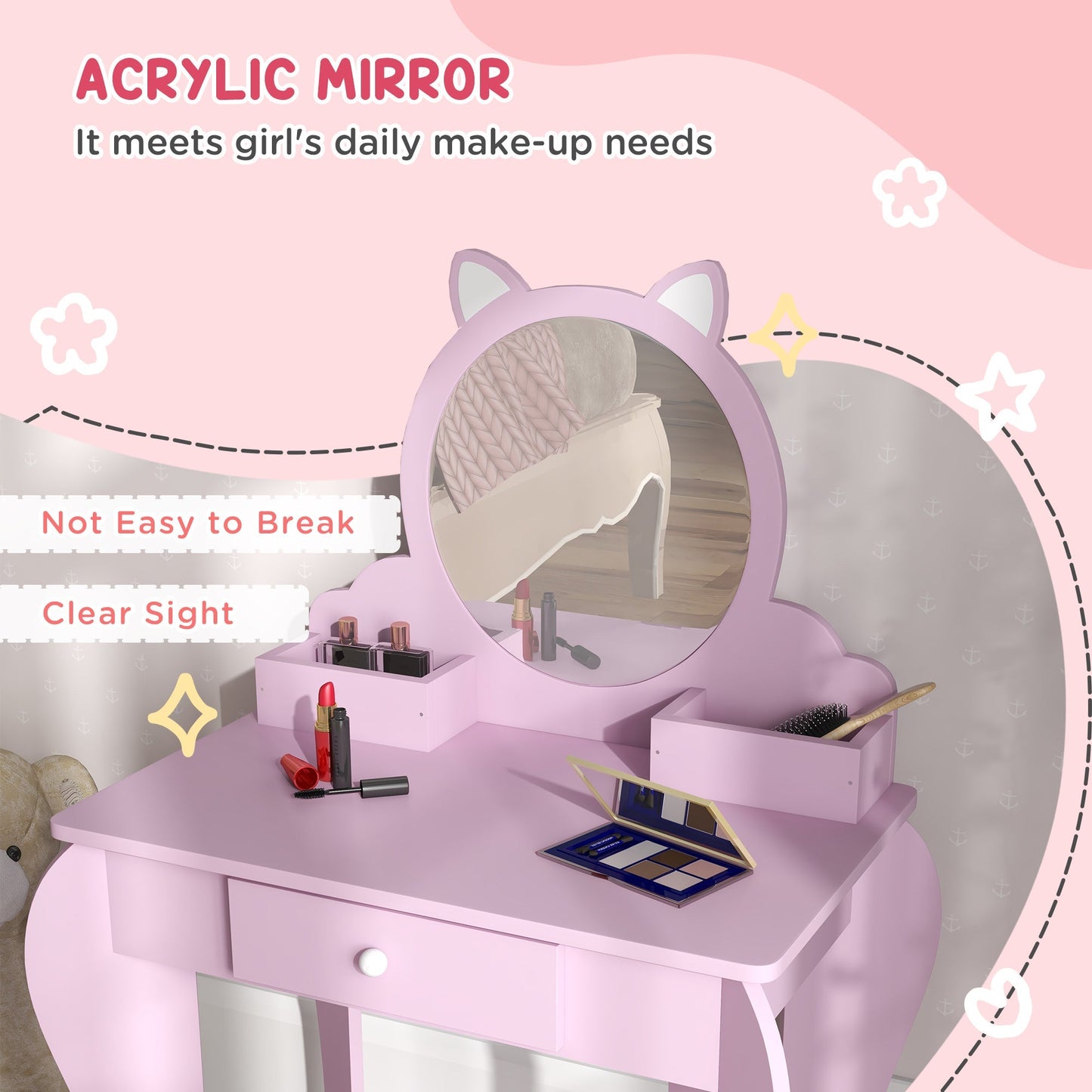 ZONEKIZ Kids Vanity Table with Mirror and Stool, Cat Design, Drawer, Storage Boxes, for 3-6 Years Old - Pink