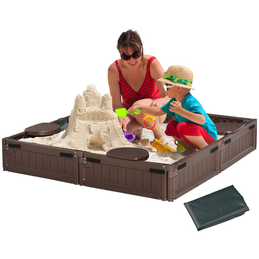 Outsunny Sand Pit Dziecięca plastikowa piaskownica z wodoodporną podszewką z tkaniny Oxford na dno Zestaw do zabawy dla dzieci w wieku od 3 do 12 lat, do ogrodu, na zewnątrz - (brązowy)