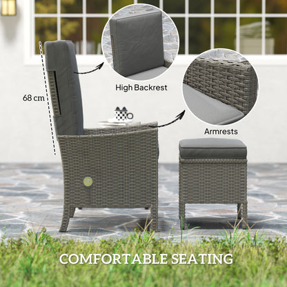 Outsunny 5 Piece Rattan Garden Furniture Set, Wicker Patio Sofa Set with 2 Armchairs, 2 Footstools, Glass Top Coffee Table with Shelf, Outdoor Furniture with Adjustable Backrests, Cushions, Dark Grey