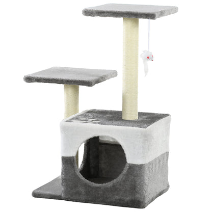 PawHut Cat Tree With Sisal Scratching Posts, House, Perches, Toy Mouse, Grey