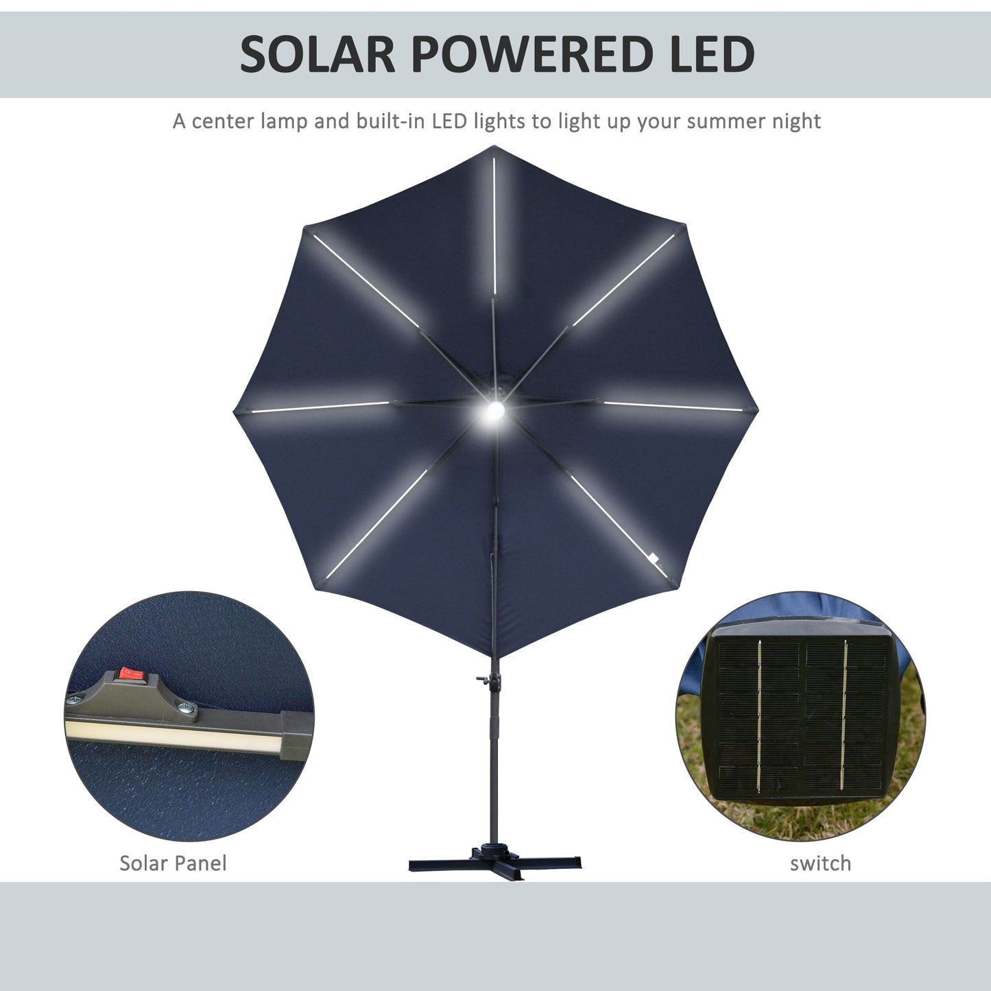 Outsunny 3(m) Cantilever Roma Parasol Garden Sun Umbrella فناء خارجي مع قاعدة متقاطعة من ضوء الشمس LED تدور 360 درجة، أزرق