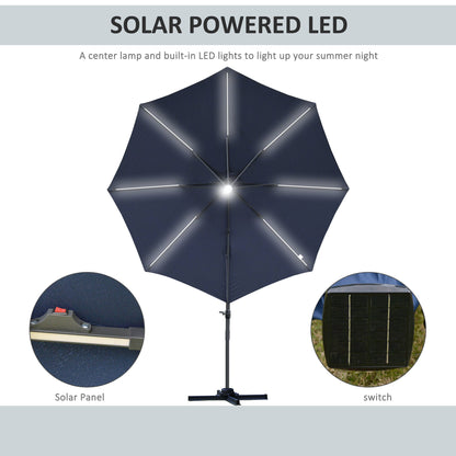 Outsunny 3(m) Cantilever Roma Parasol Garden Sun Umbrella فناء خارجي مع قاعدة متقاطعة من ضوء الشمس LED تدور 360 درجة، أزرق