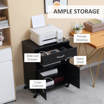 Vinsetto Printer Table, Mobile Printer Cabinet with Storage, Open Shelf, Drawer for Home, Office, Black