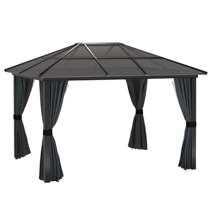 Outsunny 3 x 3,6 m Hardtop Gazebo z dachem z poliwęglanu, aluminiowa rama, stały pawilon ogrodowy z siatką i zasłonami na patio, pokład, ciemnoszary