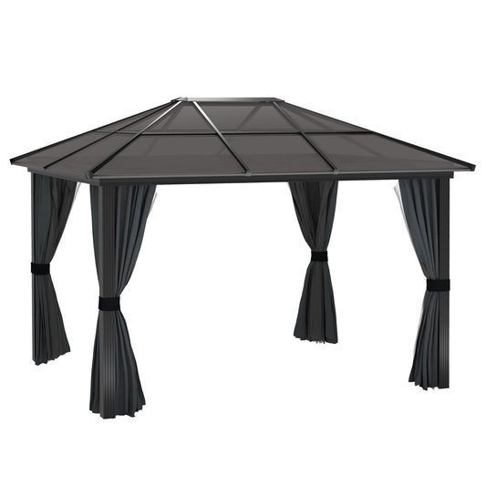 Outsunny 3 x 3,6 m Hardtop Gazebo z dachem z poliwęglanu, aluminiowa rama, stały pawilon ogrodowy z siatką i zasłonami na patio, pokład, ciemnoszary