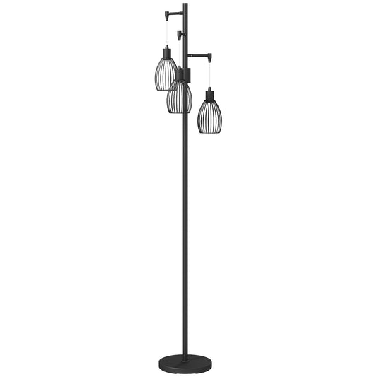 HOMCOM 3-Light LED Floor Lamp, 170cm Industrial Dimmable Standing Lamp with Steel Wire Cage Lampshades, 2700K for Living Room, Bedroom, Dining Room, Study, Black