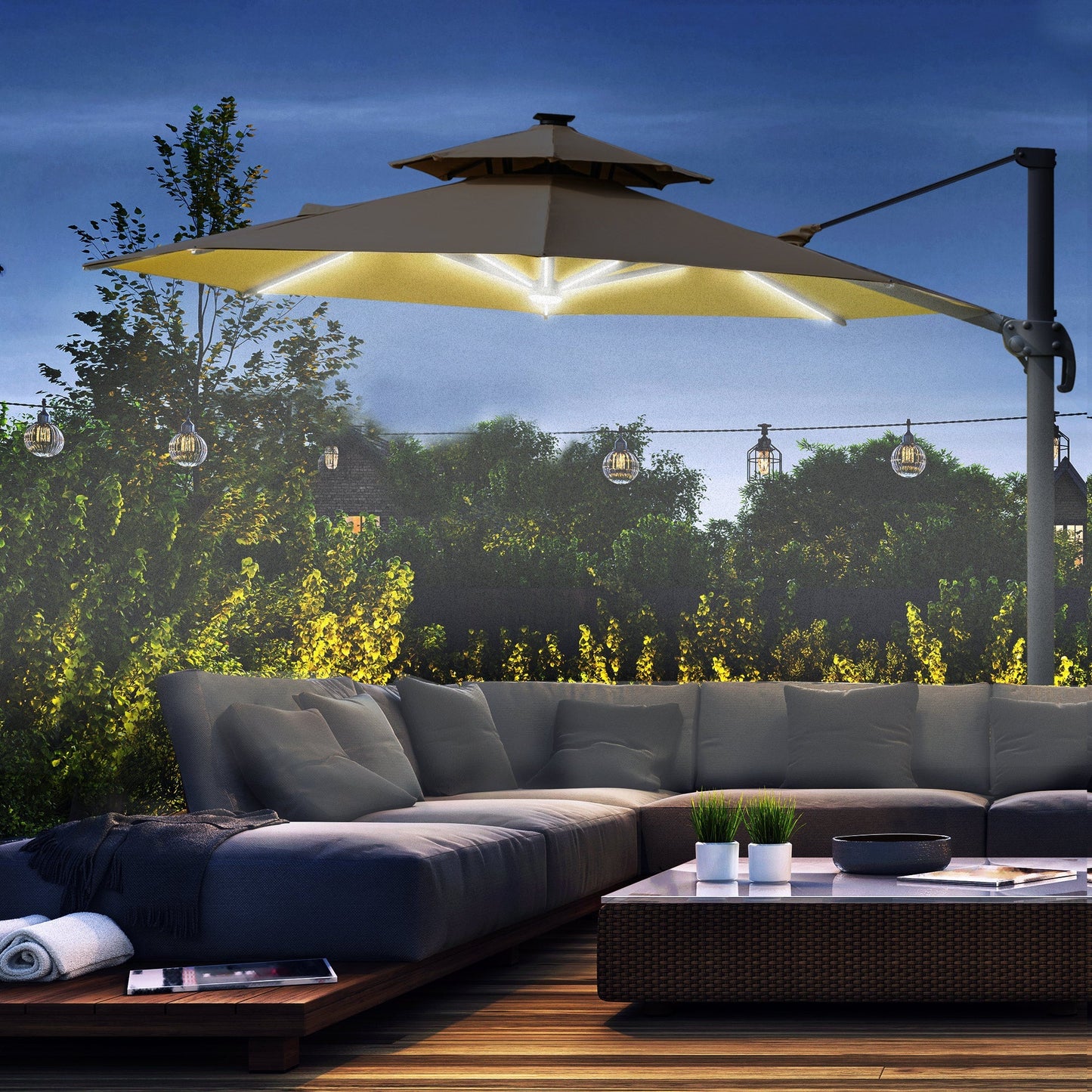 Outsunny 3m Cantilever Parasol w/ Solar Lights Power Bank Cross Base Adjustable Canopy 360° Spin Outdoor Garden Umbrella 2-Tier Roof Sun Shade Khaki