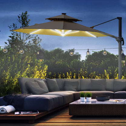 Outsunny 3m Cantilever Parasol z lampami solarnymi Power Bank Base 360√Ç¬∞ Spin Khaki