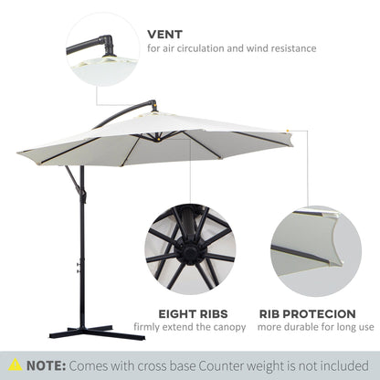 Outsunny 3(m) Garden Banana Parasol Hanging Cantilever Umbrella with Crank Handle, 8 Ribs and Cross Base for Outdoor, Sun Shade, Cream White